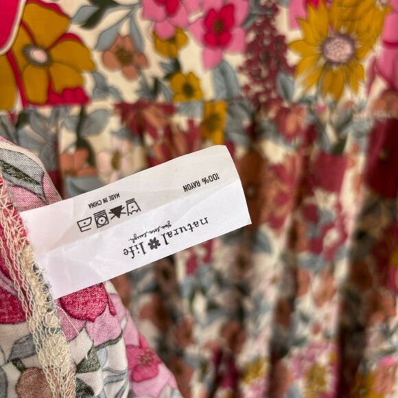 Natural Life Pink and Yellow Floral Print Collared V Neck Short Sleeve Midi Dres - Picture 7 of 7